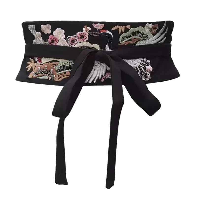 Ceinture Obi brodée, motif grue chinois